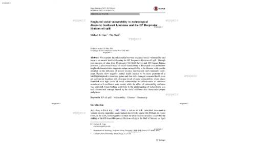 Emplaced social vulnerability to technological disasters: Southeast Louisiana and the BP Deepwater Horizon oil spill